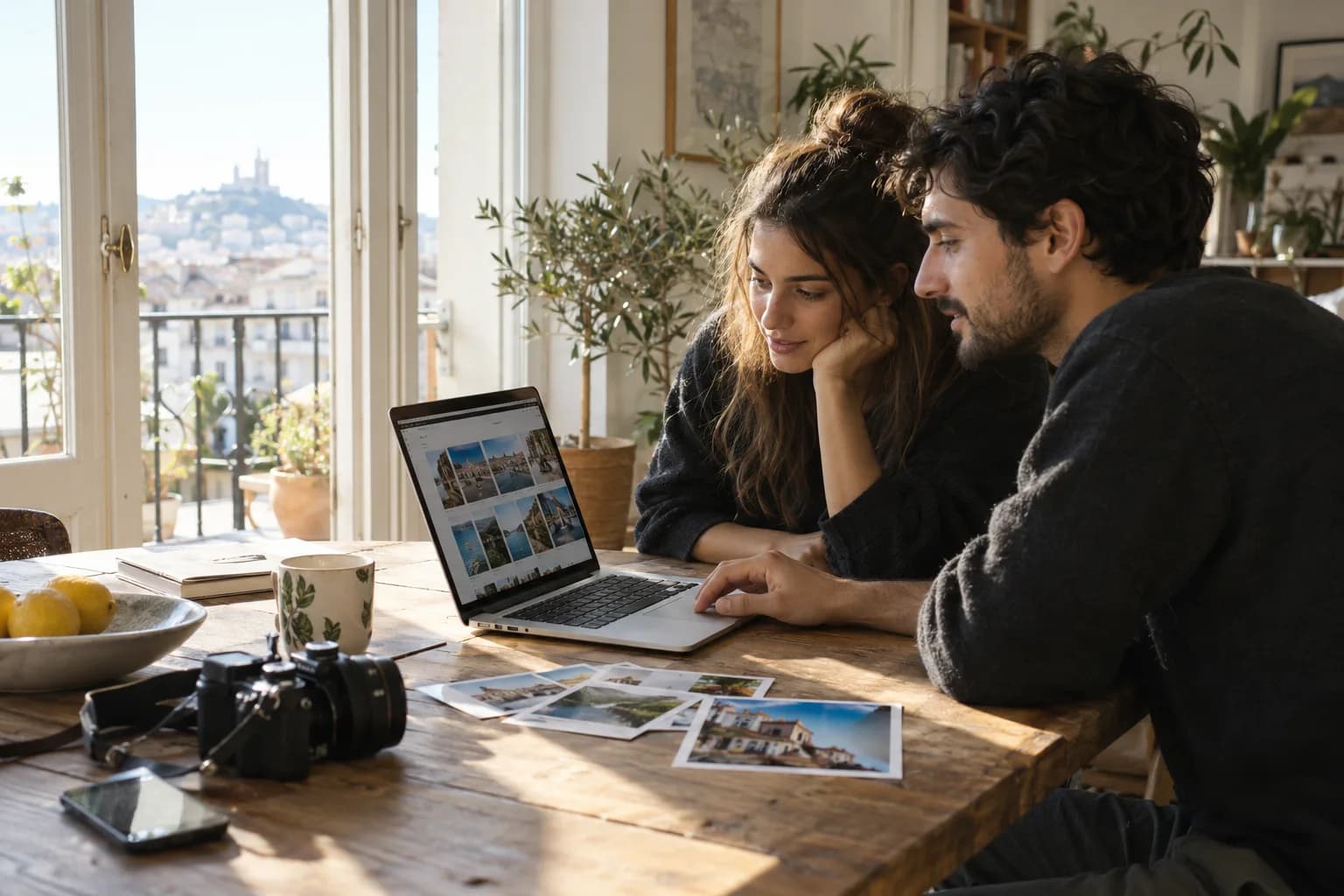Dos personas revisando sus fotografías de viaje en un portátil
