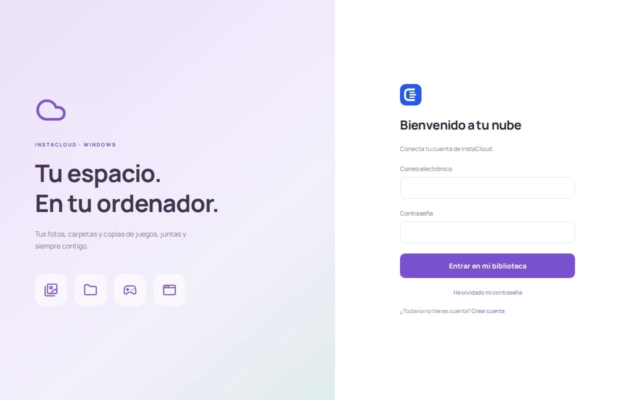 Pantalla de bienvenida de la app de InstaCloud para Windows, sin datos personales